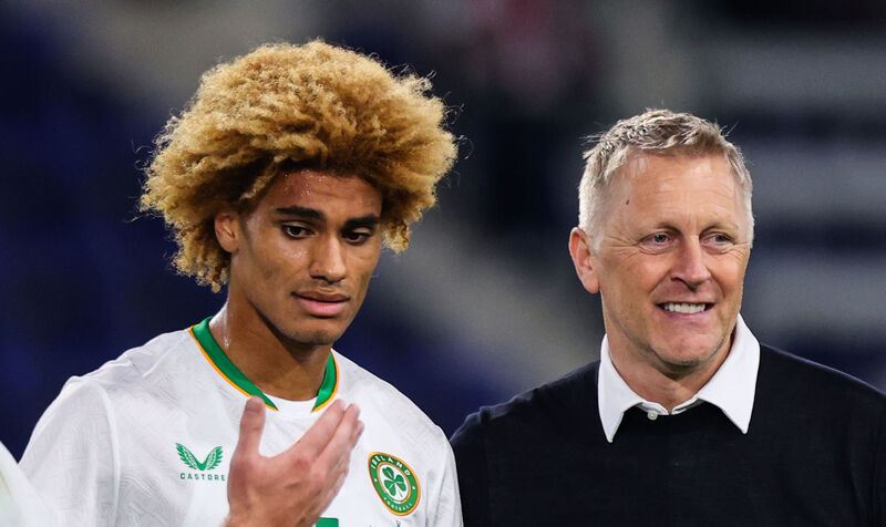 Ireland manager Heimir Hallgrimsson with John Joe Patrick Finn after the game. Pic: ©INPHO/Ryan Byrne. Ireland manager Heimir Hallgrimsson with John Joe Patrick Finn after the game. Pic: ©INPHO/Ryan Byrne.