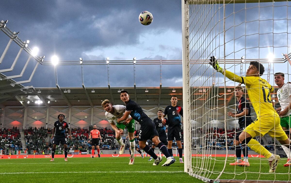 Nathan Collins has a header on goal under pressure from Seid Korac of Luxembourg. Picture: Stephen McCarthy/Sportsfile Nathan Collins has a header on goal under pressure from Seid Korac of Luxembourg. Picture: Stephen McCarthy/Sportsfile