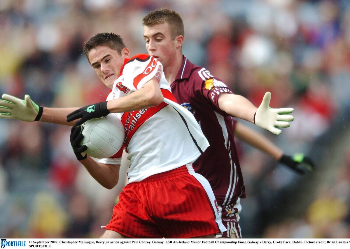 Christopher McKaigue, Derry, in action against Paul Conroy, Galway in 2007. Pic: Brian Lawless / SPORTSFILE.
