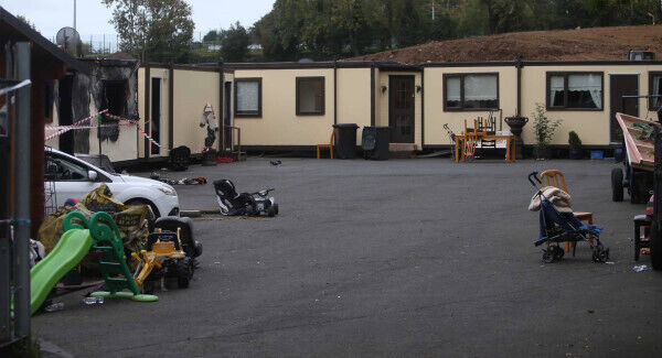 A wider view of the portacabins at the halting site on Glenamuck Road. The focus of the fire is seen on the left of this picture.