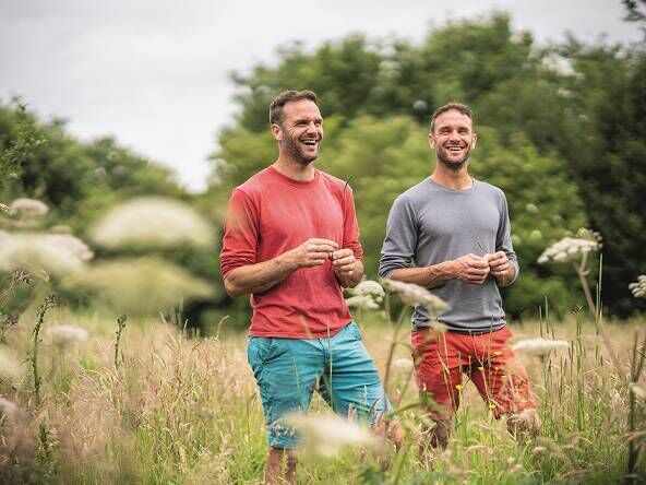 David and Stephen Flynn, The Happy Pear, chefs, cookbook authors, podcasters, and entrepreneurs. David is dad to Elsie (14), Issy (12), and Fia (21 months); Stephen is dad to May (14), Theo (12), and Ned (eight).