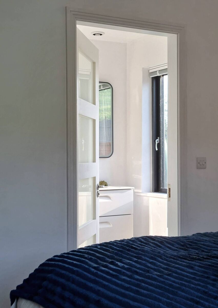 In this retrofitted ensuite, we used an original window from a twin aspect bedroom, a glass-panelled door and the vanity mirror to create a glow rather than a blank lifeless corner. Picture: Kya deLongchamps