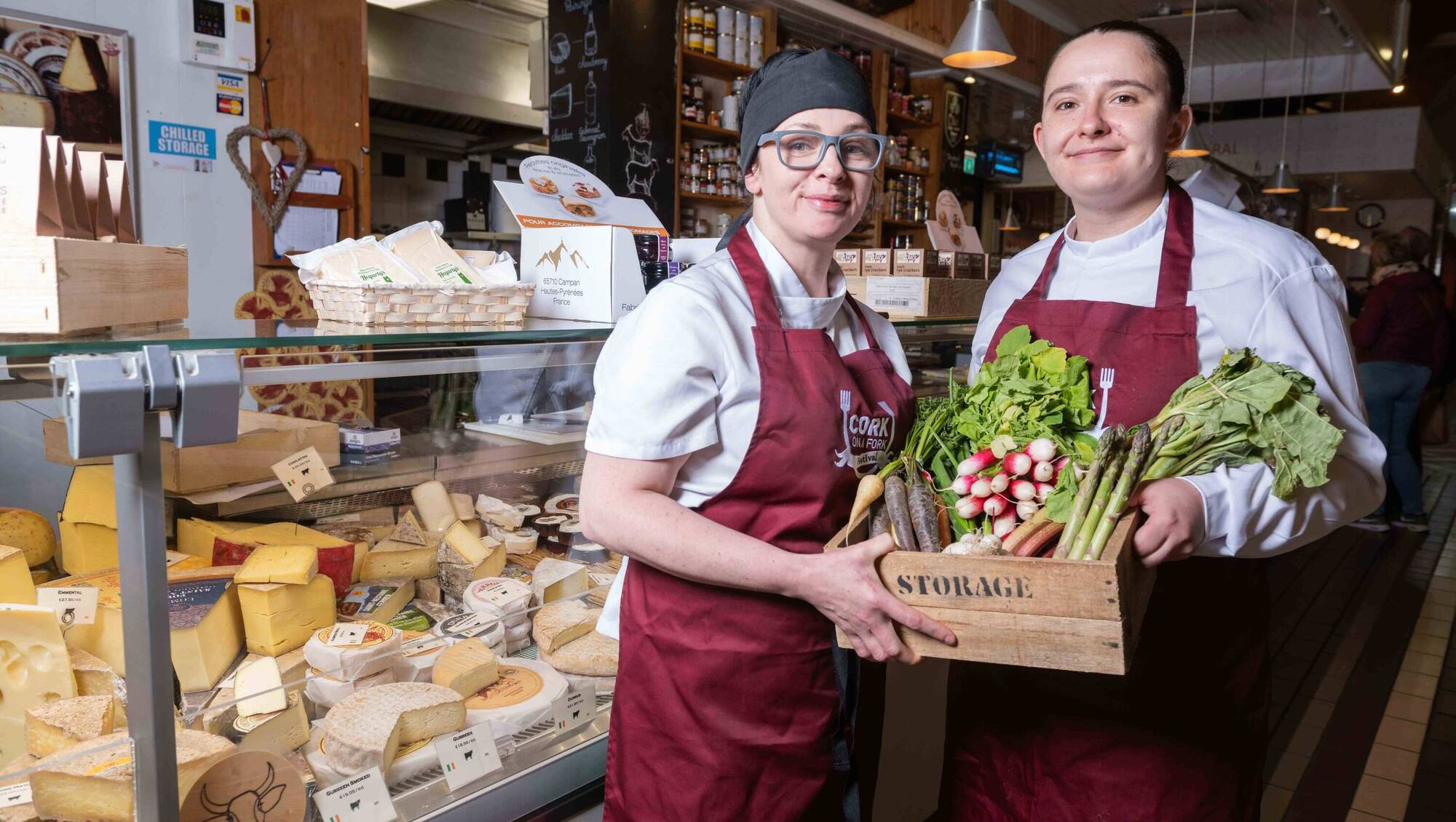 Pamela Kelly (Farmgate) and Aishling Moore (Goldie) at the launch of Supper by the Fountain at the English Market during Cork on a Fork Fest — the first ever sit down dinner on the ground floor.