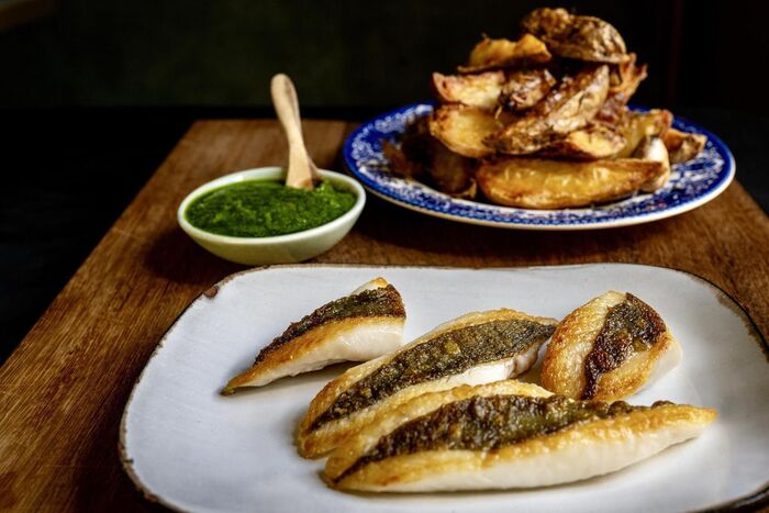 John Dory, potato wedges and salsa verde