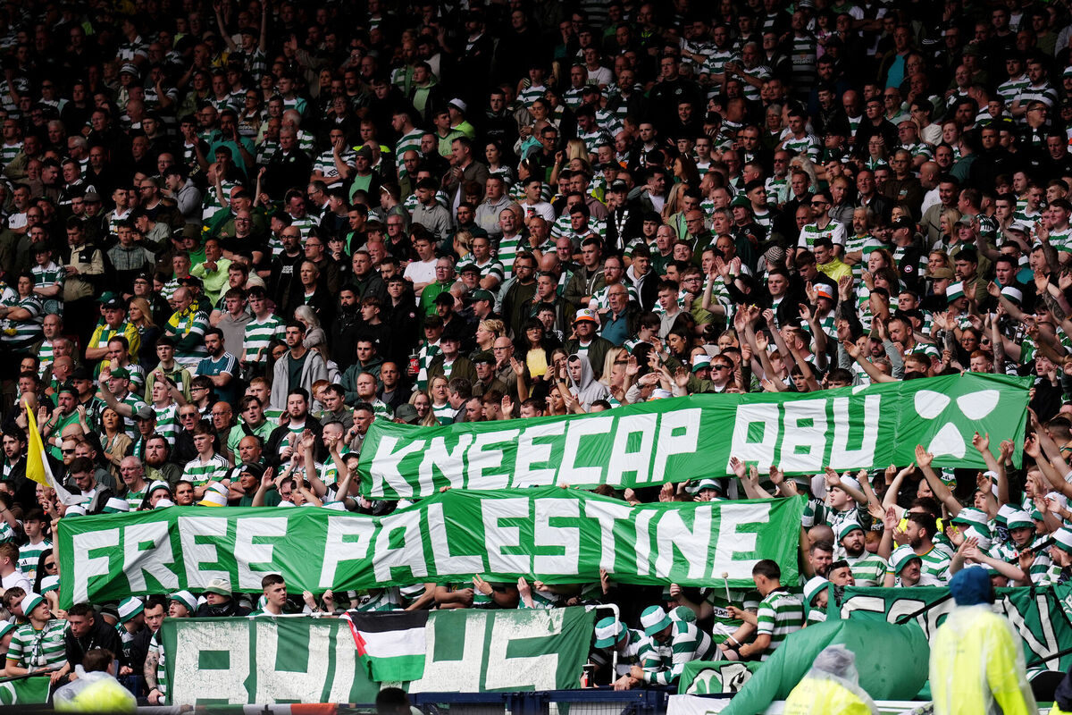 Celtic fans unveil a banner that reads "Free Palestine" and "Kneecap Abu" during the Scottish Gas Men's Scottish Cup final at Hampden Park, Glasgow. Picture date: Saturday May 24, 2025. PA Photo. 