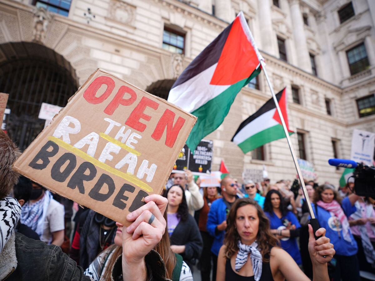 Protesters took part in a demonstration outside the Foreign, Commonwealth and Development Office in Whitehall, London, calling for the UK government to protect the crew of Madleen, which carried Ms Thunberg and other activists. Picture: James Manning/PA