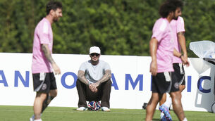 <p>Inter Miami co-owner David Beckham watches as Lionel Messi, left, does drills during a training session in preparation for a Club World Cup match on Saturday. Pic: AP Photo/Lynne Sladky</p>