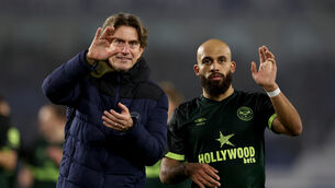 <p>Thomas Frank, left, and Brentford forward Bryan Mbeumo (Steven Paston/PA)</p>