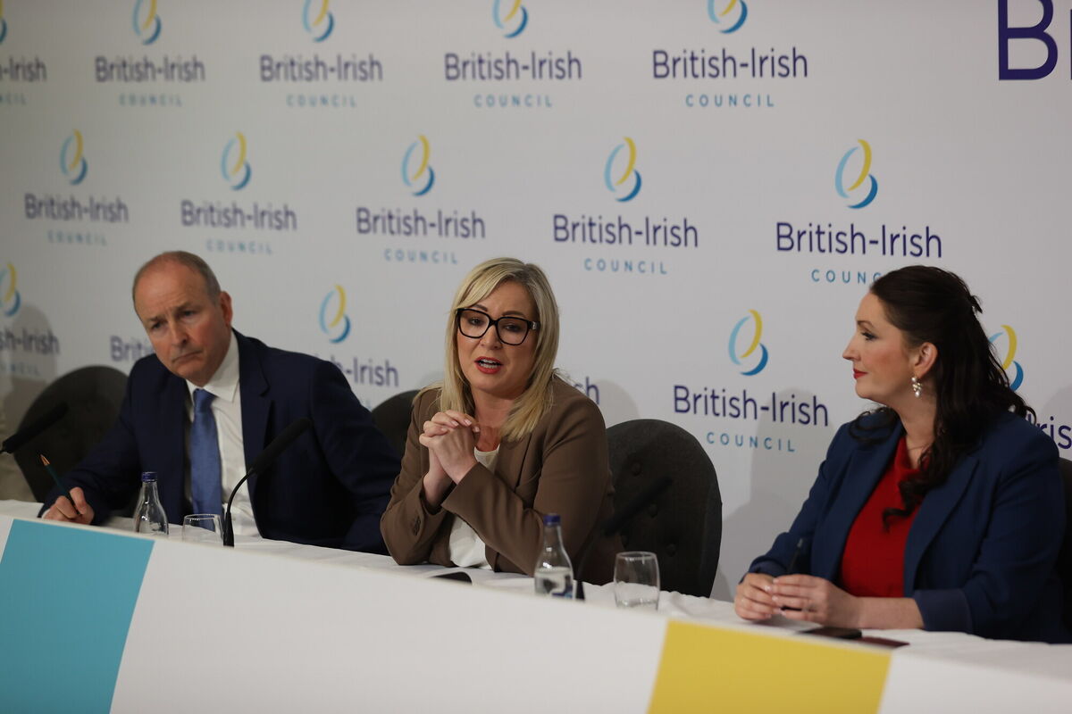 (left to right) Taoiseach Micheal Martin, Northern Ireland First Minister Michelle O'Neill and deputy First Minister Emma Little-Pengelly during the British-Irish Council (BIC) summit at the Slieve Donard resort in Co Down. Picture: Liam McBurney/PA Wire