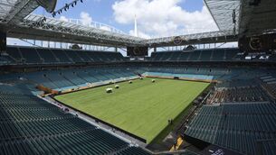 <p>Workers prepare the field at Hard Rock Stadium ahead of Saturday's opening match of the Club World Cup. Pic: AP Photo/Lynne Sladky.</p>
