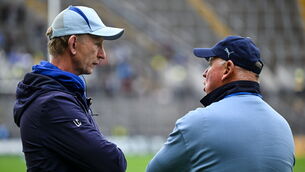 <p> Leinster head coach Leo Cullen, left, in conversation with Vodacom Bulls head coach Jake White. Pic: Brendan Moran/Sportsfile</p>