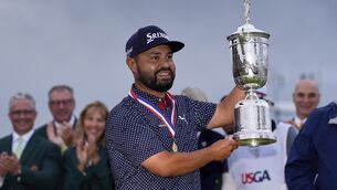<p>SOLID AS OAK: J.J. Spaun celebrates with the trophy after winning the U.S. Open golf tournament at Oakmont Country Club Sunday, June 15, 2025, in Oakmont, Pa. (AP Photo/Carolyn Kaster)</p>