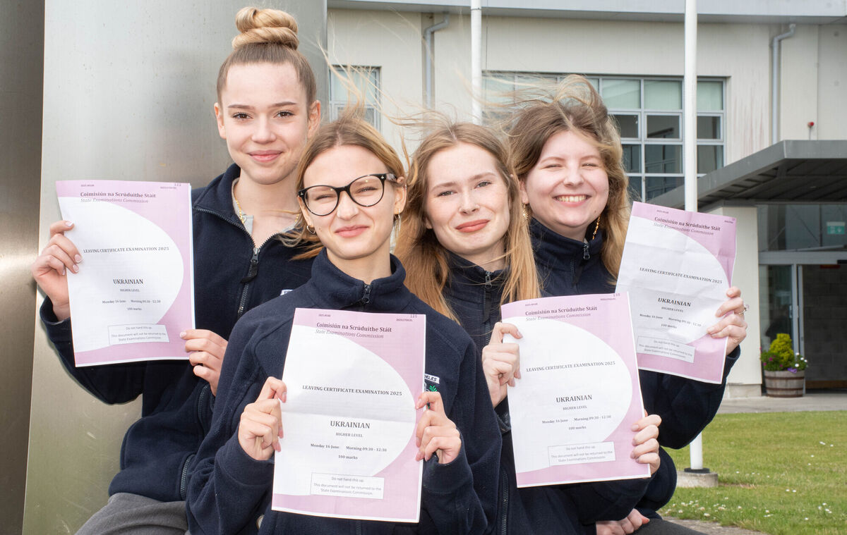 Mariia Bielik, Mariia Kuznetsova, Varvara Kotenova, and Viktoriia Babachenko who completed the higher level Leaving Certificate Ukrainian paper in Pobalscoil na Tríonóide, Youghal. Picture: Howard Crowdy
