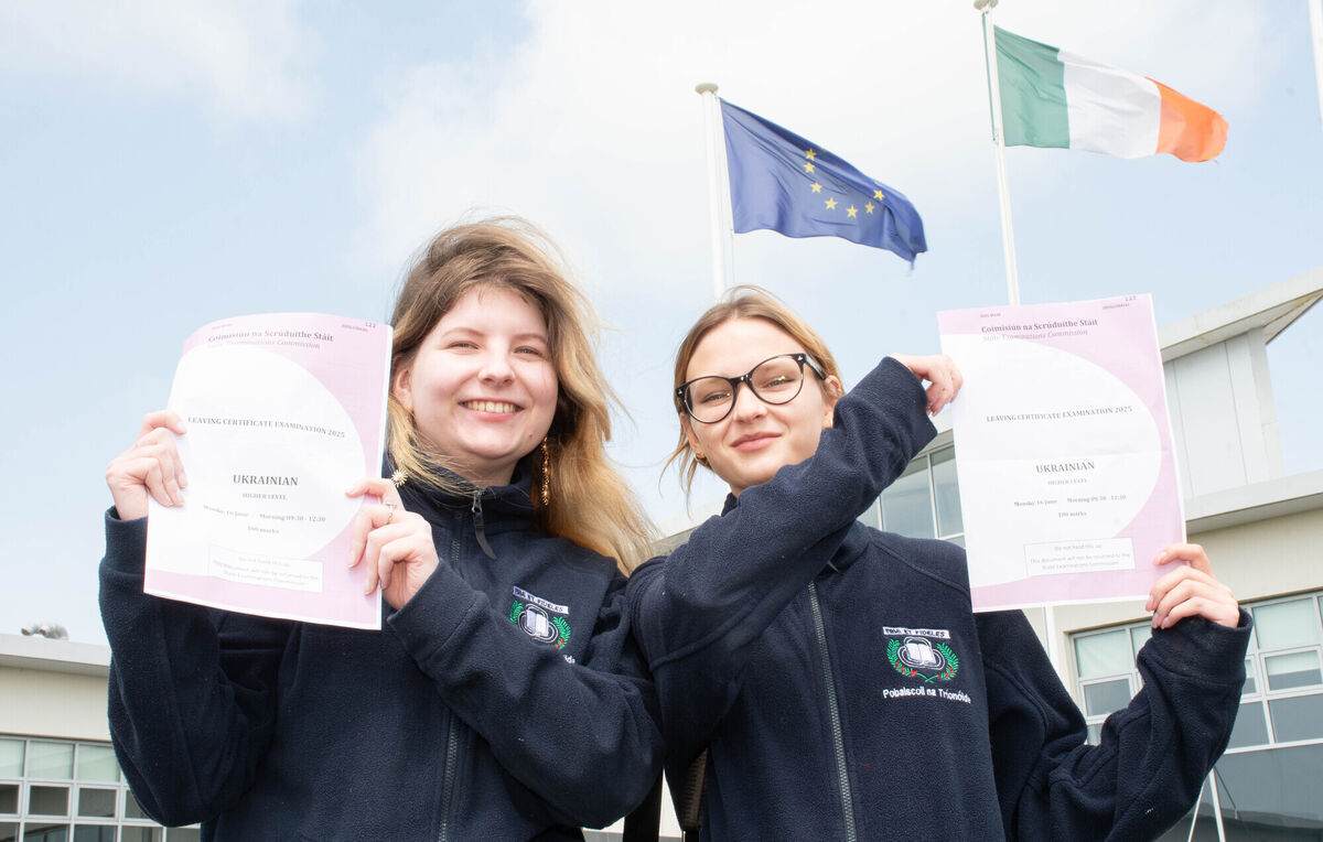 Mariia Kuznetsova and Varvara Kotenova from Pobalscoil na Tríonóide, Youghal who completed the Ukrainian Higher Course Leaving Certificate Paper on Monday morning. Picture: Howard Crowdy