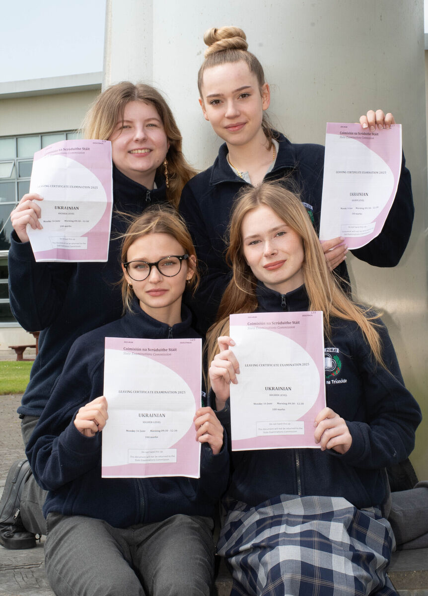 Mariia Bielik, Mariia Kuznetsova, Varvara Kotenova, and Viktoriia Babachenko after completing the Leaving Certificate Ukrainian paper in Pobalscoil na Tríonóide, Youghal, Co Cork. Picture: Howard Crowdy