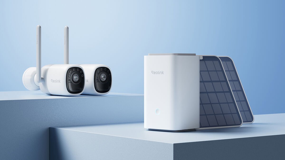 Two Altas cameras alongside the Reolink Hub and 6W solar panel. Picture: Reolink. Two Altas cameras alongside the Reolink Hub and 6W solar panel. Picture: Reolink.