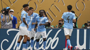 <p>Manchester City eased to victory in their Club World Cup opener despite Rico Lewis’ late dismissal (Derik Hamilton/AP)</p>