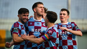 <p>George Cooper of Drogheda United celebrates after scoring his side's first goal during the SSE Airtricity Men's Premier Division match between Drogheda United and Shamrock Rovers. Pic: Shauna Clinton/Sportsfile</p>
