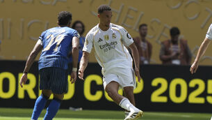 <p>Real Madrid's Trent Alexander-Arnold, right, passes the ball during the Club World Cup group H soccer match between Real Madrid and Al Hilal. Pic: AP Photo/Lynne Sladky</p>