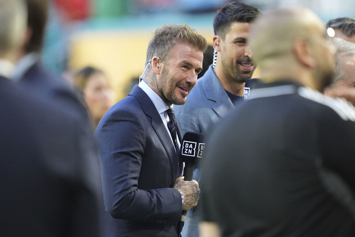 Inter Miami co-owner David Beckham gives an interview prior to the Club World Cup group A soccer match between Al Ahly and Inter Miami in Miami.