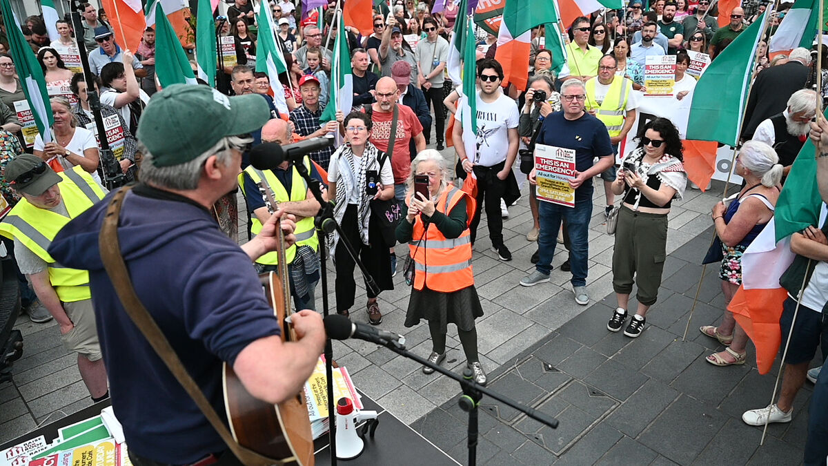 Musician and activist Martin Leahy performs for the crowds at the 'Raise the Roof' protest march against government housing policy at Grand Parade Cork City on Saturday afternoon. Picture: Larry Cummins Musician and activist Martin Leahy performs for the crowds at the 'Raise the Roof' protest march against government housing policy at Grand Parade Cork City on Saturday afternoon. Picture: Larry Cummins