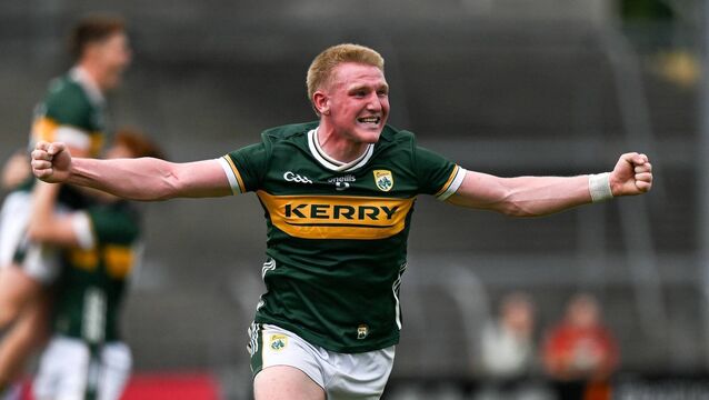 <p>FINAL-BOUND: Kerry midfielder John Curtin celebrates at the final whistle of their Electric Ireland All-Ireland MFC semi final win over Mayo at Zimmer Biomet Páirc Chíosóg in Ennis. Pic: Brendan Moran/Sportsfile</p>