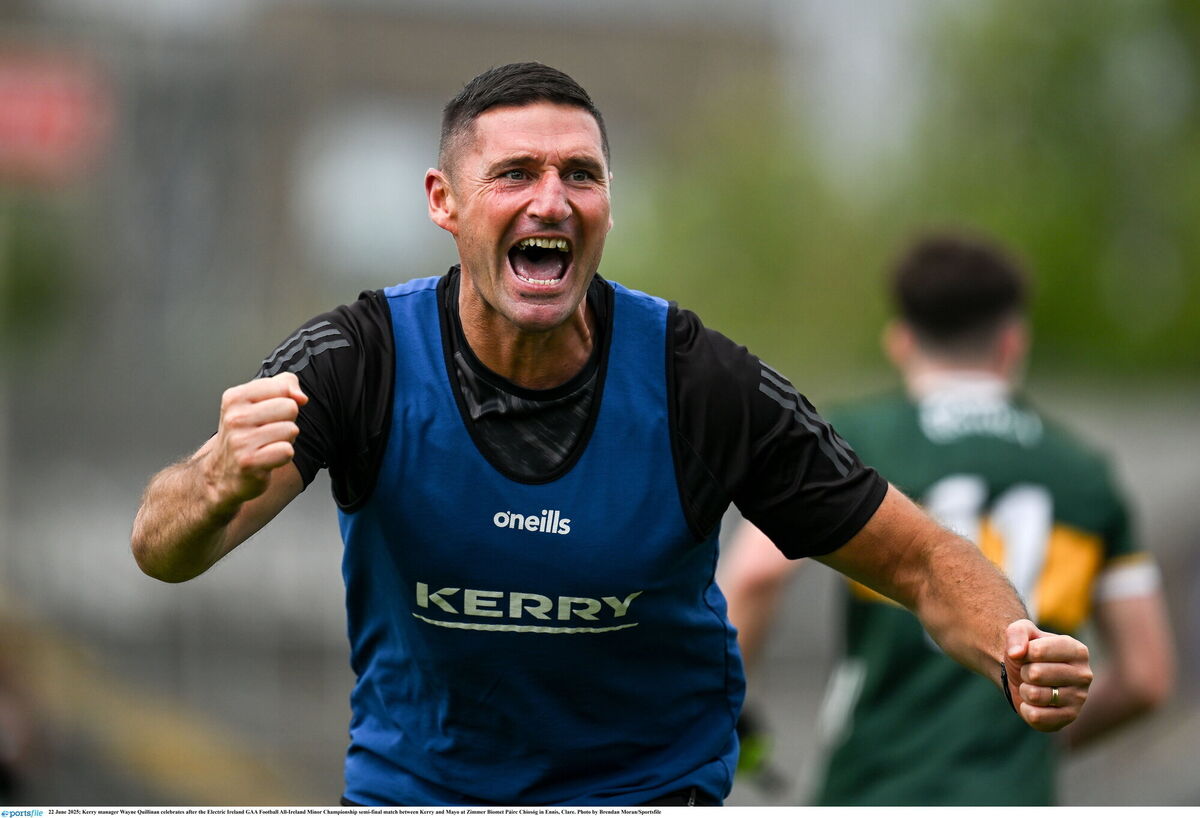 Kerry manager Wayne Quillinan celebrates. Photo by Brendan Moran/Sportsfile