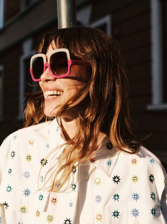 Oversized two-tone sunglasses, €165; embroidered oversized shirt with mirror accents, Essentiel Antwerp Oversized two-tone sunglasses, €165; embroidered oversized shirt with mirror accents, Essentiel Antwerp