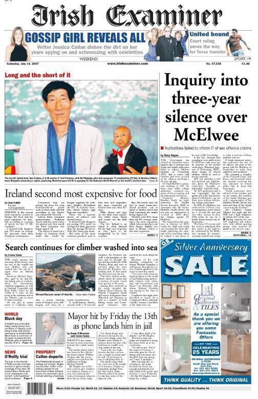 Irish Examiner, Saturday, July 14, 2007: Search for missing climber Michael Reardon 