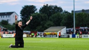 <p>DUFF'S GARDEN: Shelbourne manager Damien Duff applauds their supporters. Picture: Thomas Flinkow/Sportsfile.</p>