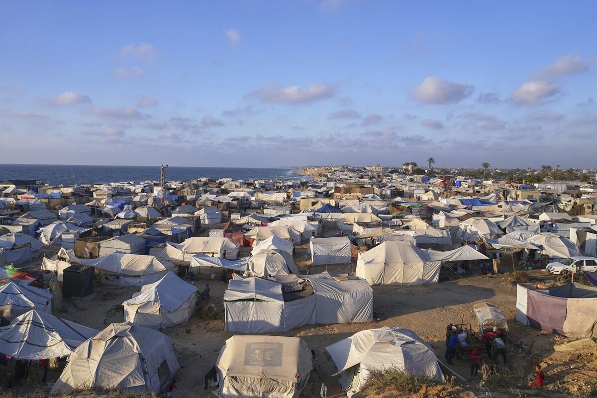 A makeshift tent camp for displaced Palestinians in Muwasi, west of Khan Younis in the Gaza Strip. Picture: AP/Abdel Kareem Hana