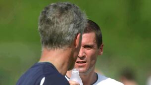 <p>ICE COLD: Republic of Ireland captain Roy Keane in conversation with manager Mick McCarthy during a Republic of Ireland squad training session in Saipan in 2002. Pic: David Maher/Sportsfile</p>