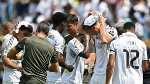 <p>Real Madrid's players during a cooling break at their match against Pachuca in Charlotte. Picture: Paul Ellis/Getty Images</p>