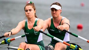 <p>Paris Paralympic Games, Vaires-sur-Marne Nautical Stadium, Paris, France 30/8/2024 Ireland’s Katie O’Brien and Tiarnan O’Donnell on their way to finishing fourth. Picture: ©INPHO/Maren Derlien</p>