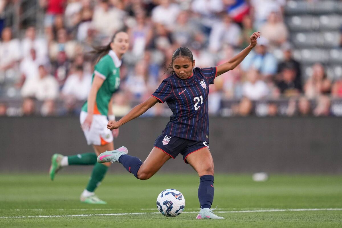 Alyssa Thompson of the United States strikes the ball during the first half against Ireland. Picture: Brad Smith/Getty