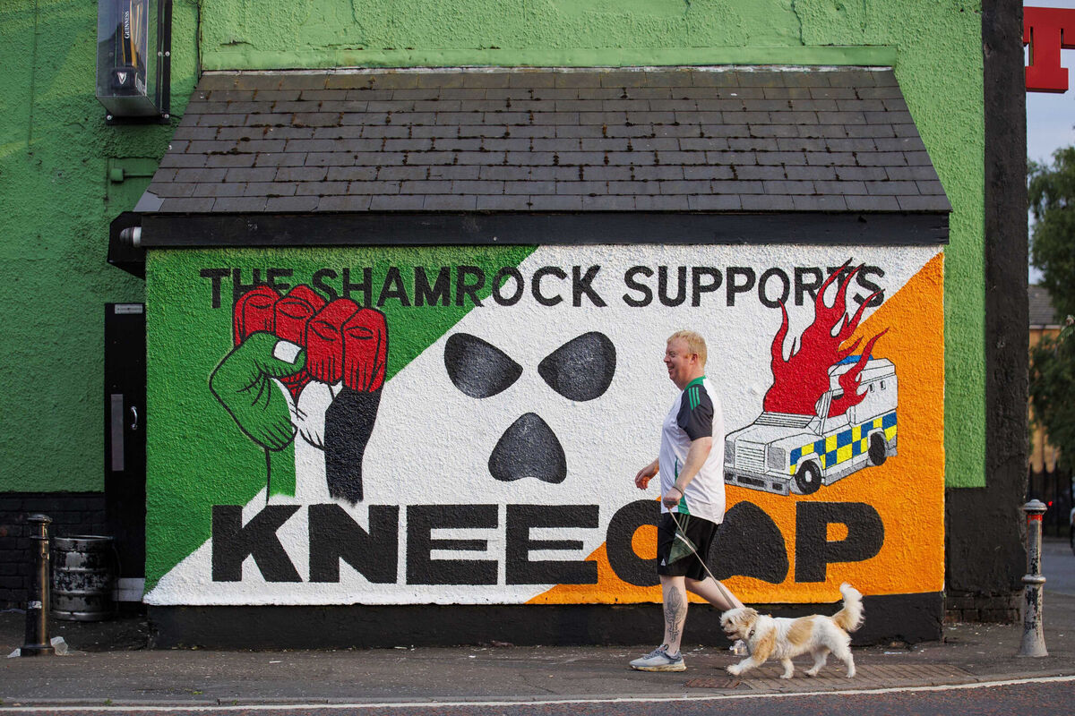 A mural supporting Kneecap on the wall of the Shamrock Sports and Social Club in Ardoyne, Belfast. Picture: Liam McBurney/PA Wire