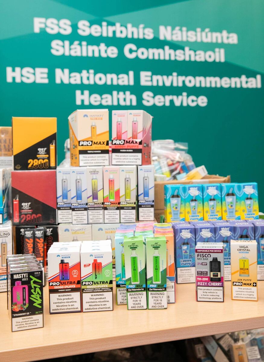 A display at the HSE offices in Naas, Co Kildare, of non-compliant vapes that are to be destroyed. Picture: Gareth Chaney A display at the HSE offices in Naas, Co Kildare, of non-compliant vapes that are to be destroyed. Picture: Gareth Chaney
