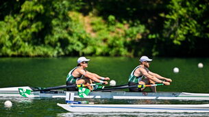 <p>Fintan McCarthy, left, and Konan Pazzaia of Ireland compete in the Men’s Double Sculls Semifinal 2 during the 2025 World Rowing Cup. Pic: Benedict Tufnell/Sportsfile</p>