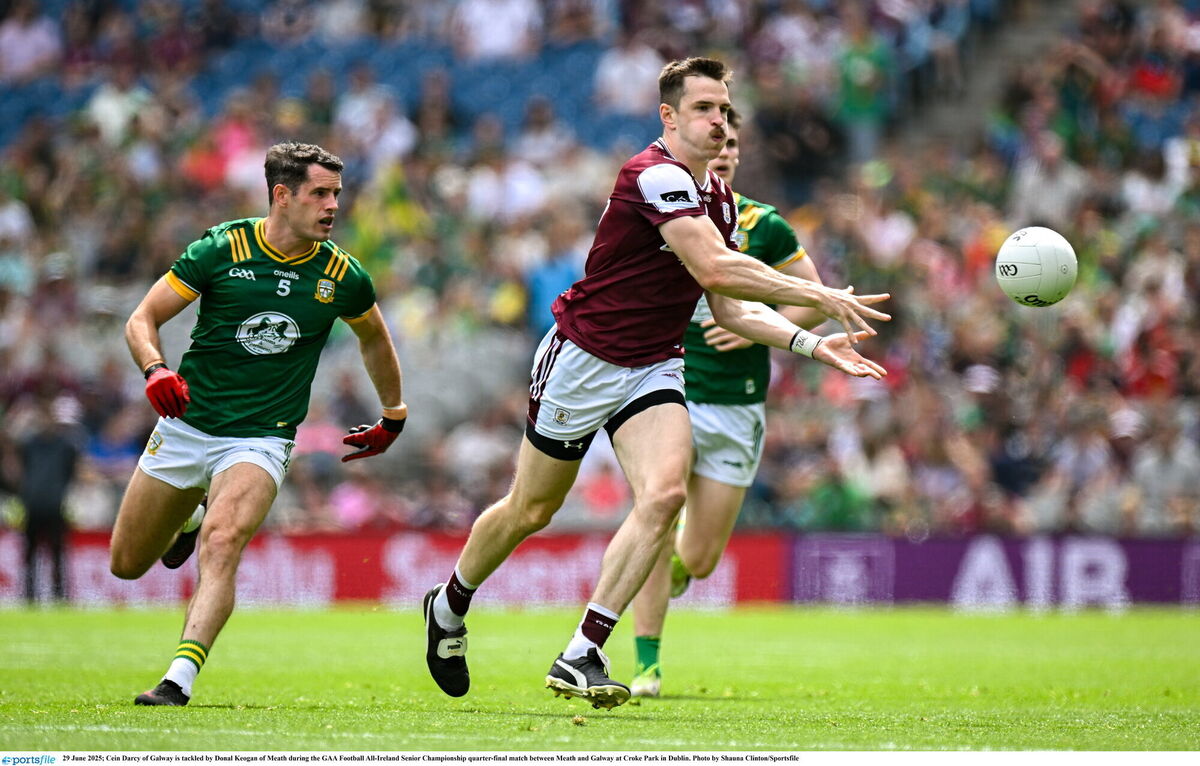 Cein Darcy of Galway is tackled by Donal Keogan of Meath during the GAA Football All-Ireland Senior Championship quarter-final match between Meath and Galway at Croke Park in Dublin. Photo by Shauna Clinton/Sportsfile