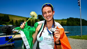<p>Fiona Murtagh celebrates after finishing second in the women's single sculls. Pic: Benedict Tufnell/Sportsfile</p>