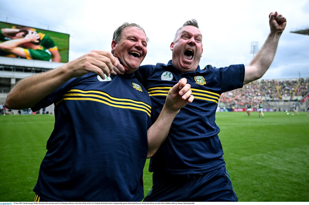 Meath manager Robbie Brennan, left, and coach Carl Manning celebrate. Pic: Shauna Clinton/Sportsfile