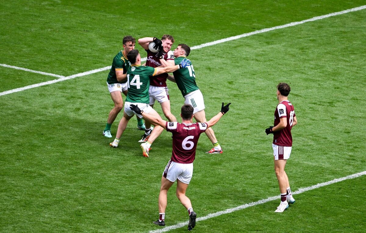 Jack Glynn of Galway in action against Meath players, left to right, Seán Coffey, Keith Curtis, and Eoghan Frayne. Picture: Daire Brennan/Sportsfile