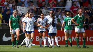 <p>Republic of Ireland players, from left, Jessie Stapleton, Ruesha Littlejohn and Caitlin Hayes react after conceding their fourth goal to USA. Pic: Stephen McCarthy/Sportsfile</p>