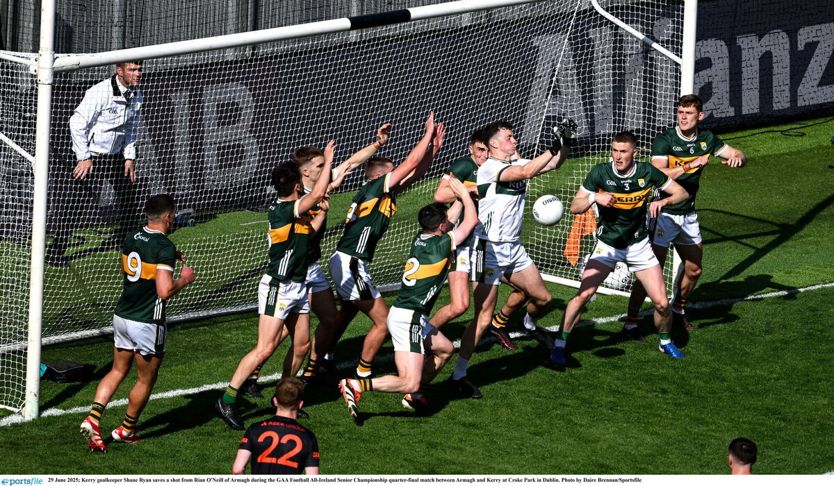 Kerry goalkeeper Shane Ryan saves a shot from Rian O'Neill of Armagh during the GAA Football All-Ireland Senior Championship quarter-final match between Armagh and Kerry at Croke Park in Dublin. Photo by Daire Brennan/Sportsfile