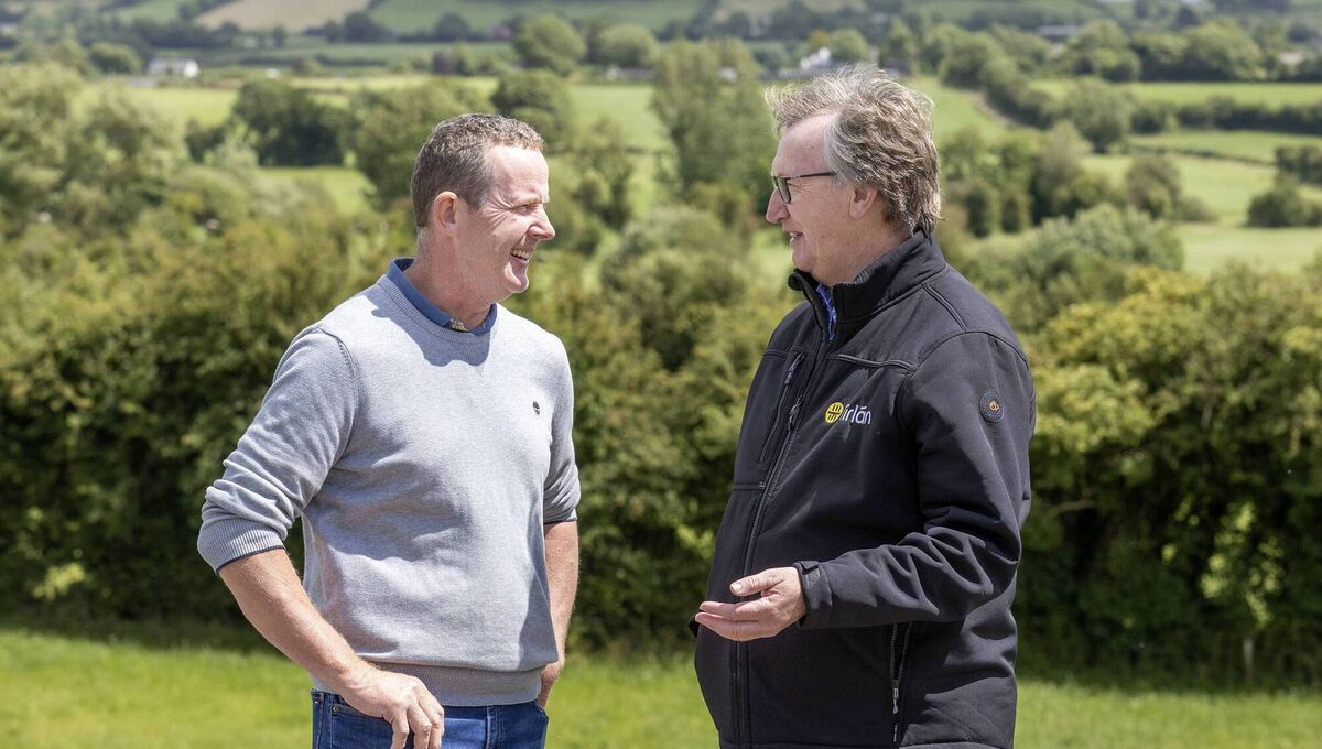 Tirlán Chairperson John Murphy chats with host farmer Seamus Brennan at Tirlán’s flagship ‘Farming for the Future’ open farm walk and talk on the Brennan farm at Attanagh, Co Laois. Photo: Finbarr O’Rourke Tirlán Chairperson John Murphy chats with host farmer Seamus Brennan at Tirlán’s flagship ‘Farming for the Future’ open farm walk and talk on the Brennan farm at Attanagh, Co Laois. Photo: Finbarr O’Rourke