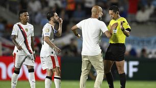 <p>Manchester City manager Pep Guardiola argues at the end of the defeat to Al-Hilal (Phelan Ebenhack/AP)</p>