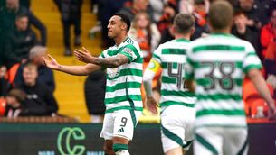 <p>Celtic's Adam Idah celebrates scoring with Callum McGregor. Pic: Andrew Milligan/PA Wire.</p>