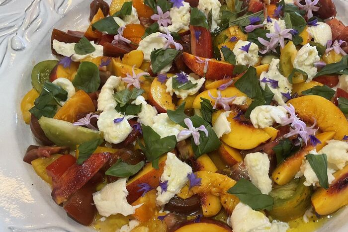Salad of Heritage Tomatoes, Peaches and Mozzarella