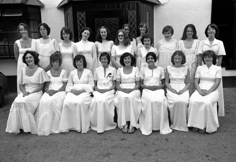 Scoil Mhuire Debs Ball at John Barleycorn Hotel, 1976. Actress Fiona Shaw, seated, front left. Scoil Mhuire Debs Ball at John Barleycorn Hotel, 1976. Actress Fiona Shaw, seated, front left.