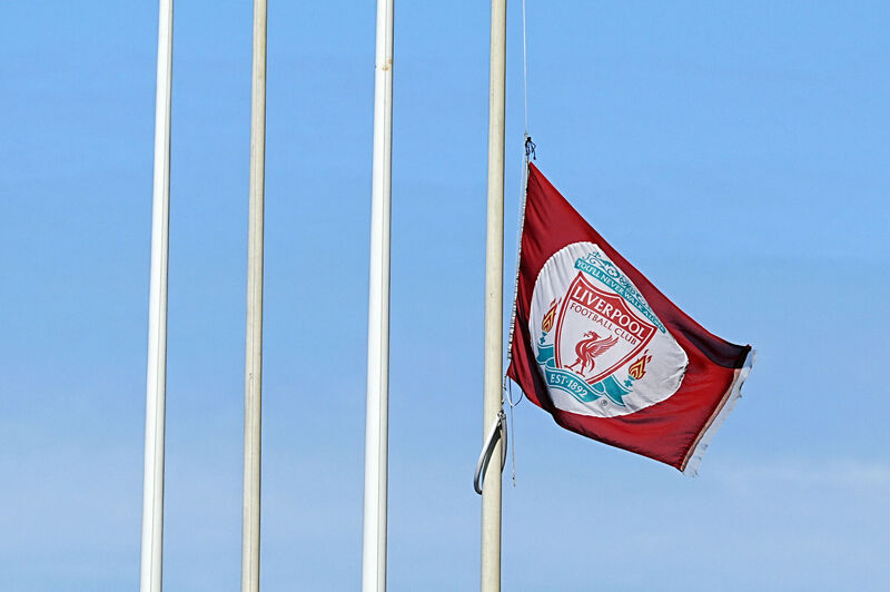 The Liverpool flag flies at half-mast at Anfield in memory of Diogo Jota and his brother André, who both died in the crash. Picture: Peter Byrne/PA Wire